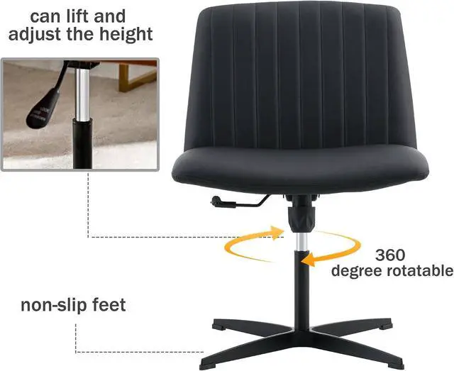 Alt view image 5 of 7 - Upholster Armless Home Office Desk Chair, Ergonomic Vanity Chair No Wheels, Ergonomic Computer Modern Swivel Computer Chair with Wide Seat for Office, Home (Black+PU Leather)