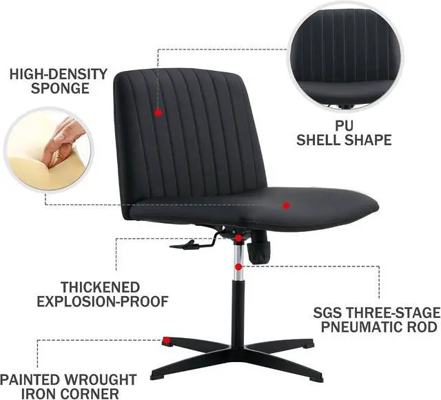Alt view image 6 of 7 - Upholster Armless Home Office Desk Chair, Ergonomic Vanity Chair No Wheels, Ergonomic Computer Modern Swivel Computer Chair with Wide Seat for Office, Home (Black+PU Leather)