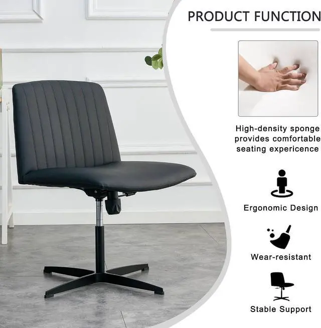 Alt view image 7 of 7 - Upholster Armless Home Office Desk Chair, Ergonomic Vanity Chair No Wheels, Ergonomic Computer Modern Swivel Computer Chair with Wide Seat for Office, Home (Black+PU Leather)