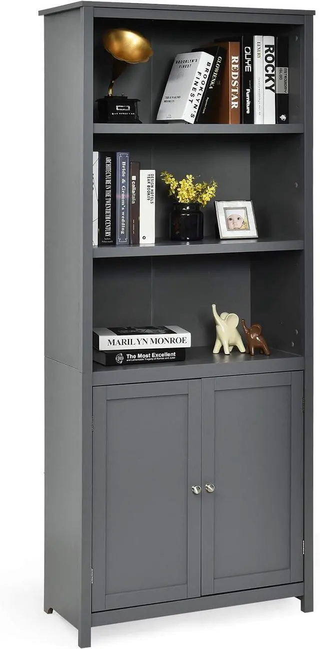 Main image of Bookcase with Doors, 3 Tier Open Book Shelving, Standing Wooden Display Bookcase with Double Doors, Ideal for Home Bedroom, Living Room, Office, Library with Doors, Grey Finish (Grey)