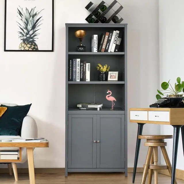 Alt view image 2 of 7 - Bookcase with Doors, 3 Tier Open Book Shelving, Standing Wooden Display Bookcase with Double Doors, Ideal for Home Bedroom, Living Room, Office, Library with Doors, Grey Finish (Grey)
