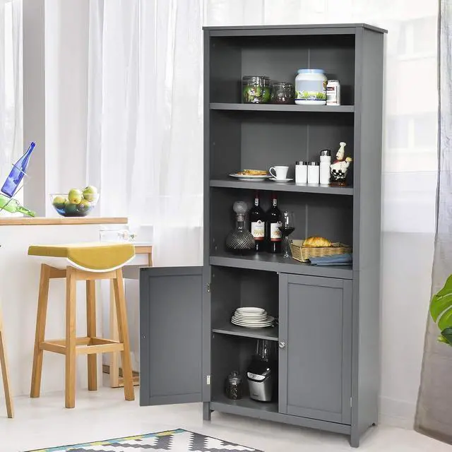 Alt view image 5 of 7 - Bookcase with Doors, 3 Tier Open Book Shelving, Standing Wooden Display Bookcase with Double Doors, Ideal for Home Bedroom, Living Room, Office, Library with Doors, Grey Finish (Grey)