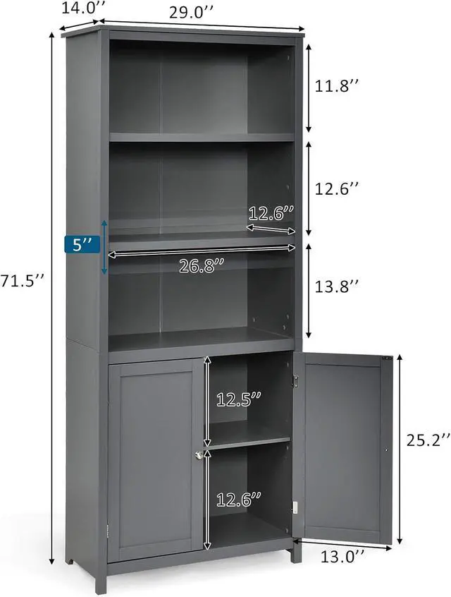 Alt view image 3 of 7 - Bookcase with Doors, 3 Tier Open Book Shelving, Standing Wooden Display Bookcase with Double Doors, Ideal for Home Bedroom, Living Room, Office, Library with Doors, Grey Finish (Grey)