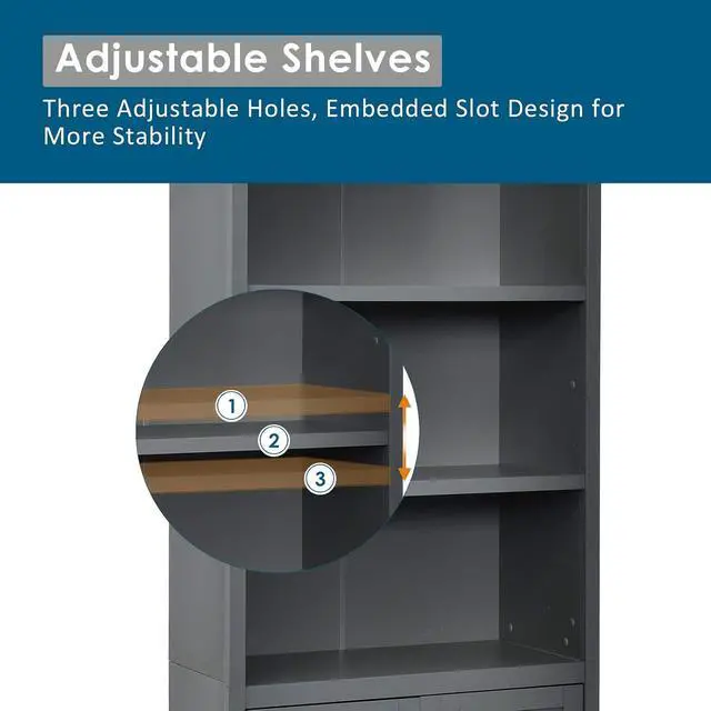 Alt view image 7 of 7 - Bookcase with Doors, 3 Tier Open Book Shelving, Standing Wooden Display Bookcase with Double Doors, Ideal for Home Bedroom, Living Room, Office, Library with Doors, Grey Finish (Grey)