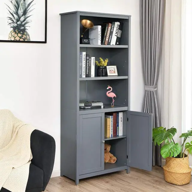 Alt view image 4 of 7 - Bookcase with Doors, 3 Tier Open Book Shelving, Standing Wooden Display Bookcase with Double Doors, Ideal for Home Bedroom, Living Room, Office, Library with Doors, Grey Finish (Grey)