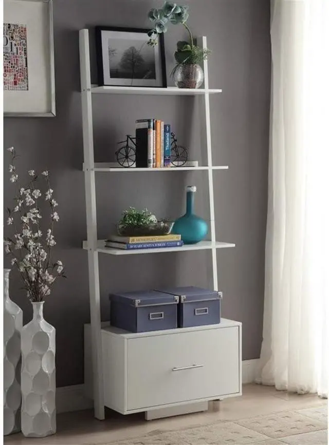 Alt view image 2 of 3 - American Heritage Ladder Bookshelf with File Drawer 24.75" - Classic Living Room Bookcase with Filing Cabinet for Office, Den, White