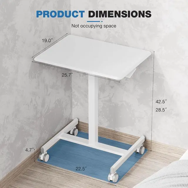 Alt view image 2 of 5 - Rolling Laptop Stand Small Standing Desk with Wheels, Adjustable Height Rolling Table with Metal Base Lockable Catsers, Computer Rolling Table for Couch Home Office, 25.7'' × 19'' Milky