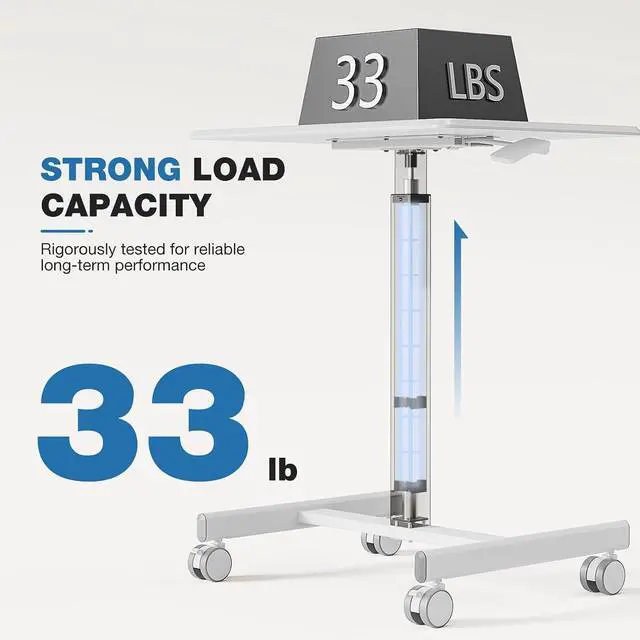 Alt view image 4 of 5 - Rolling Laptop Stand Small Standing Desk with Wheels, Adjustable Height Rolling Table with Metal Base Lockable Catsers, Computer Rolling Table for Couch Home Office, 25.7'' × 19'' Milky