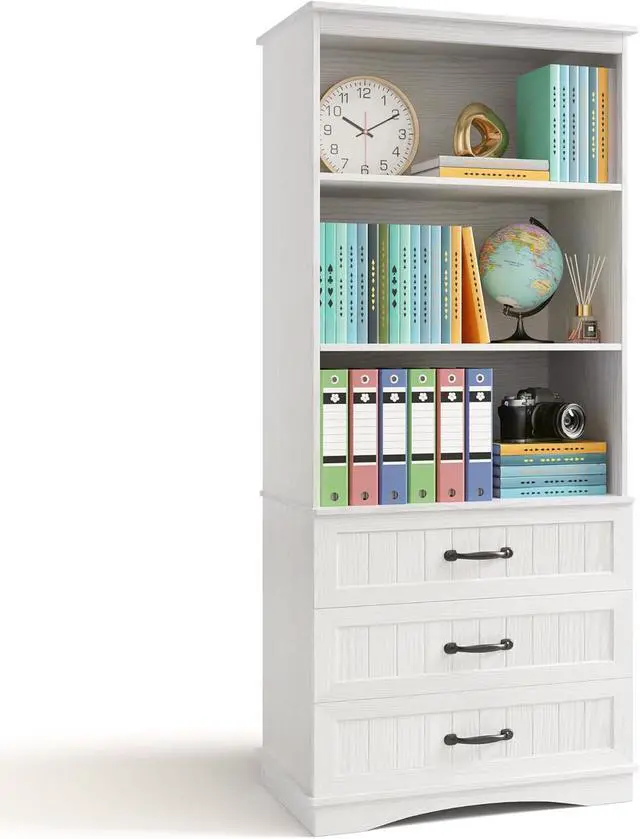 Main image of 70'' Tall Bookcase with 3 Drawers Wooden Bookshelf with Storage Cabinet Multifunctional Book Storage Organizer for Office Living Room and BedroomWhite