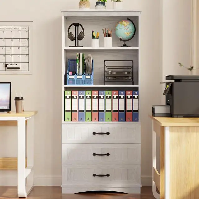 Alt view image 2 of 7 - 70'' Tall Bookcase with 3 Drawers Wooden Bookshelf with Storage Cabinet Multifunctional Book Storage Organizer for Office Living Room and BedroomWhite