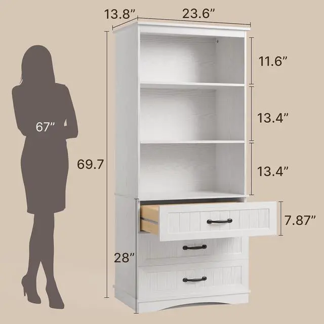 Alt view image 3 of 7 - 70'' Tall Bookcase with 3 Drawers Wooden Bookshelf with Storage Cabinet Multifunctional Book Storage Organizer for Office Living Room and BedroomWhite