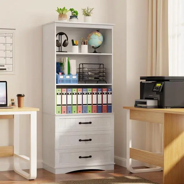 Alt view image 4 of 7 - 70'' Tall Bookcase with 3 Drawers Wooden Bookshelf with Storage Cabinet Multifunctional Book Storage Organizer for Office Living Room and BedroomWhite