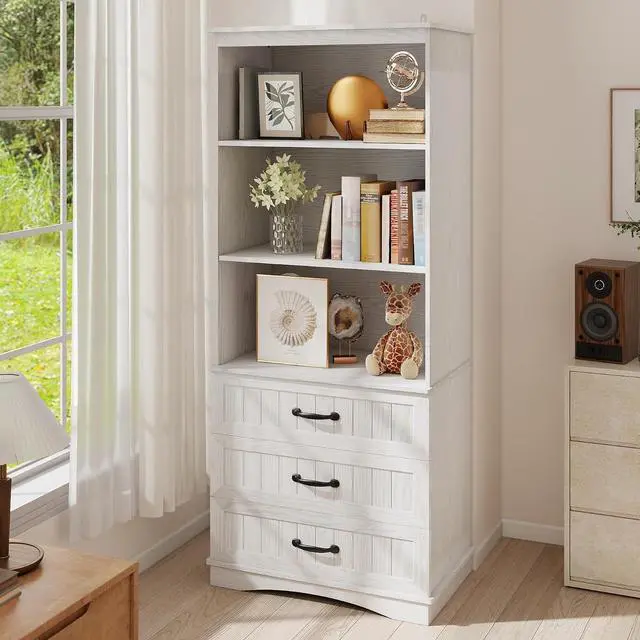 Alt view image 5 of 7 - 70'' Tall Bookcase with 3 Drawers Wooden Bookshelf with Storage Cabinet Multifunctional Book Storage Organizer for Office Living Room and BedroomWhite