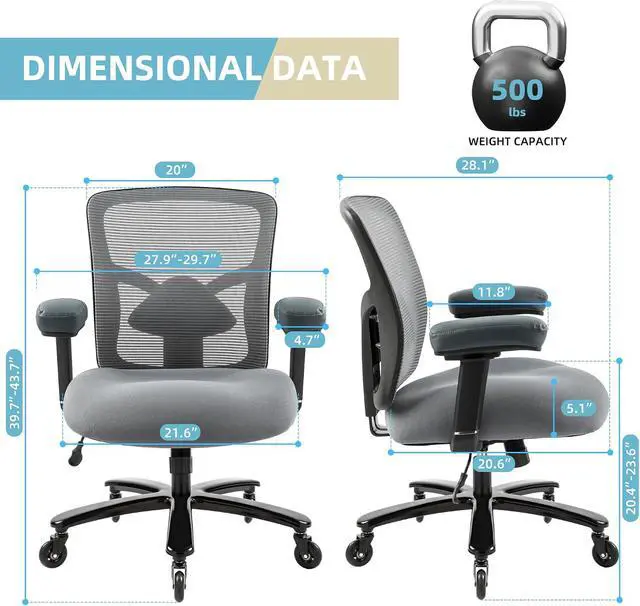 Alt view image 3 of 7 - 500LBS Big and Tall Office Chair with 4D Armrests & Adjustable Backrest, Heavy Duty Office Chair for Heavy People, Memory Foam Seat Filling Springs, Grey
