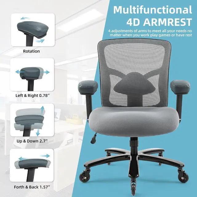 Alt view image 4 of 7 - 500LBS Big and Tall Office Chair with 4D Armrests & Adjustable Backrest, Heavy Duty Office Chair for Heavy People, Memory Foam Seat Filling Springs, Grey
