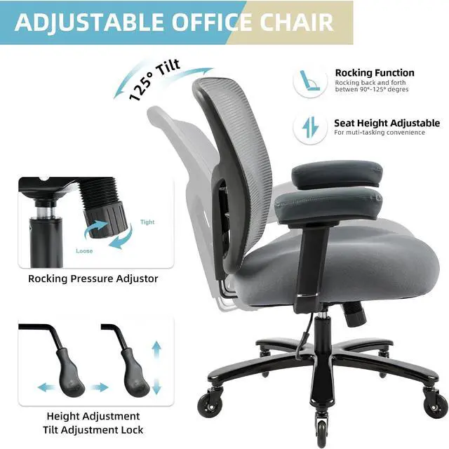 Alt view image 6 of 7 - 500LBS Big and Tall Office Chair with 4D Armrests & Adjustable Backrest, Heavy Duty Office Chair for Heavy People, Memory Foam Seat Filling Springs, Grey