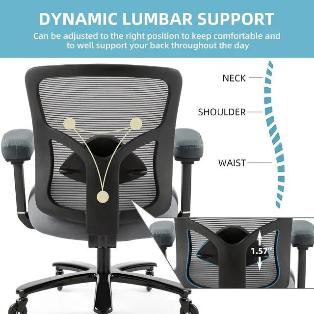 Alt view image 7 of 7 - 500LBS Big and Tall Office Chair with 4D Armrests & Adjustable Backrest, Heavy Duty Office Chair for Heavy People, Memory Foam Seat Filling Springs, Grey