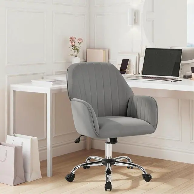 Alt view image 2 of 7 - Modern Velvet Vanity Desk Chair Height-Adjustable Swivel Computer Armchair for Makeup Room Living Room Bedroom Light Gray