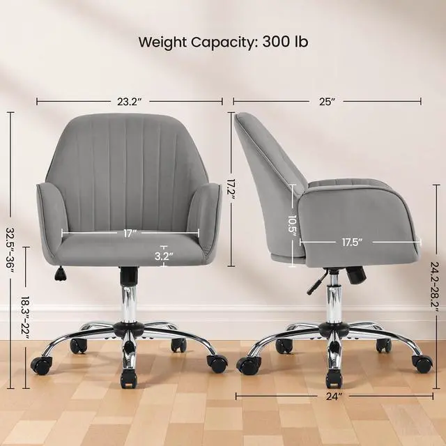 Alt view image 3 of 7 - Modern Velvet Vanity Desk Chair Height-Adjustable Swivel Computer Armchair for Makeup Room Living Room Bedroom Light Gray