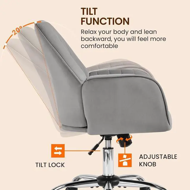 Alt view image 6 of 7 - Modern Velvet Vanity Desk Chair Height-Adjustable Swivel Computer Armchair for Makeup Room Living Room Bedroom Light Gray