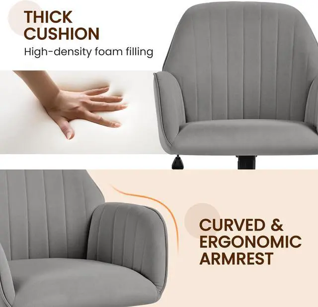 Alt view image 5 of 7 - Modern Velvet Vanity Desk Chair Height-Adjustable Swivel Computer Armchair for Makeup Room Living Room Bedroom Light Gray