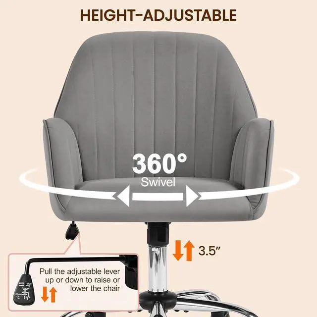 Alt view image 7 of 7 - Modern Velvet Vanity Desk Chair Height-Adjustable Swivel Computer Armchair for Makeup Room Living Room Bedroom Light Gray