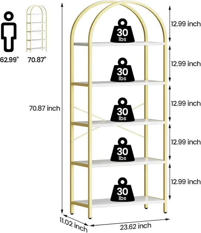 Alt view image 2 of 7 - Bookshelf Tall Bookcase Arched Standing Bookshelves Modern Display Racks 5 Tier Storage Rack Shelf Large Wood Book Shelf for Bedroom, Living Room, Home Office