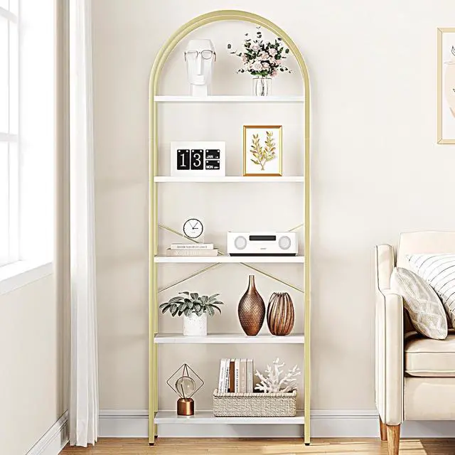 Alt view image 4 of 7 - Bookshelf Tall Bookcase Arched Standing Bookshelves Modern Display Racks 5 Tier Storage Rack Shelf Large Wood Book Shelf for Bedroom, Living Room, Home Office