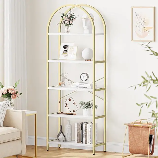 Alt view image 3 of 7 - Bookshelf Tall Bookcase Arched Standing Bookshelves Modern Display Racks 5 Tier Storage Rack Shelf Large Wood Book Shelf for Bedroom, Living Room, Home Office