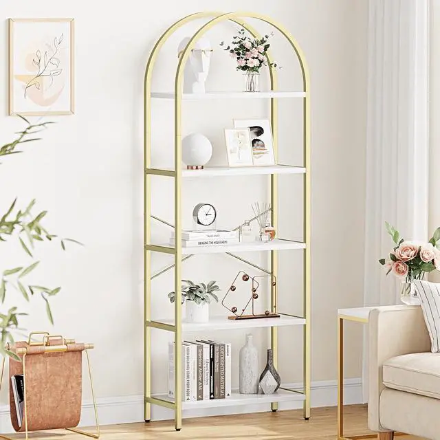 Alt view image 6 of 7 - Bookshelf Tall Bookcase Arched Standing Bookshelves Modern Display Racks 5 Tier Storage Rack Shelf Large Wood Book Shelf for Bedroom, Living Room, Home Office
