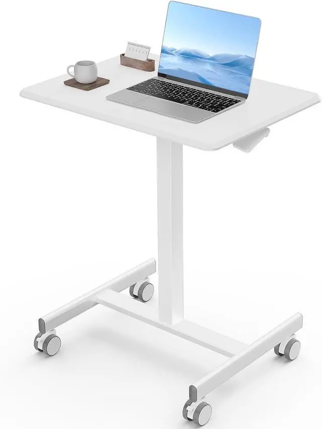 Main image of Rolling Laptop Stand Small Standing Desk with Wheels, Adjustable Height Rolling Table with Metal Base Lockable Catsers, Computer Rolling Table for Couch Home Office, 25.7'' × 19'' Milky