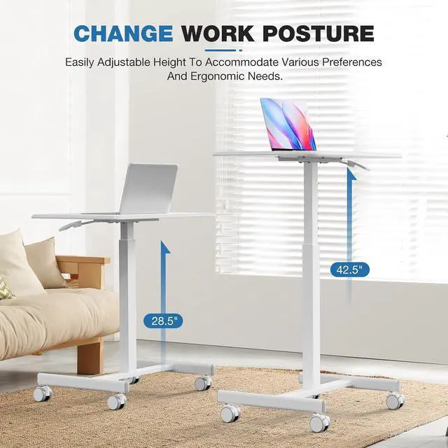 Alt view image 3 of 5 - Rolling Laptop Stand Small Standing Desk with Wheels, Adjustable Height Rolling Table with Metal Base Lockable Catsers, Computer Rolling Table for Couch Home Office, 25.7'' × 19'' Milky