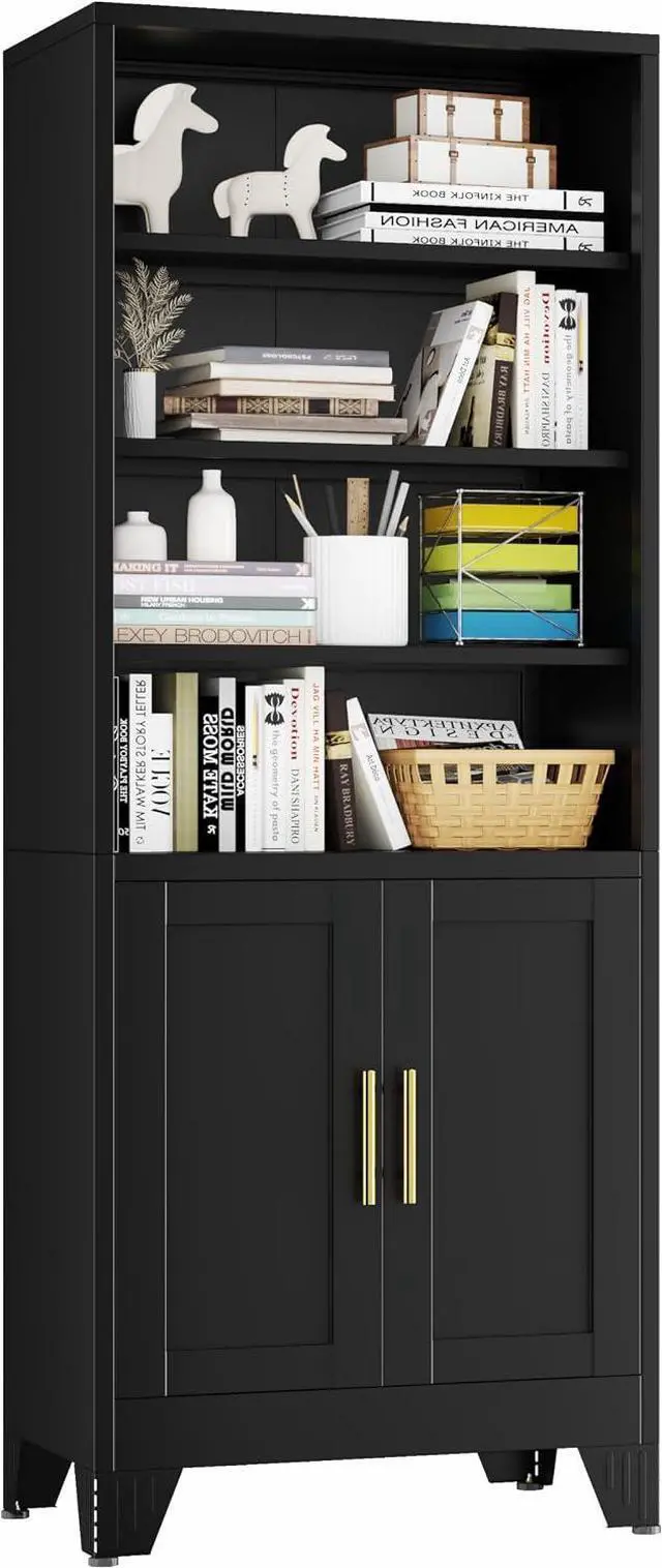 Main image of Metal Bookcase with Doors, 71" Tall 6 Tier Bookshelf with Storage, Floor Industrial Bookshelves, Display Storage Shelves for Home Office, Living Room, Bedroom, Black