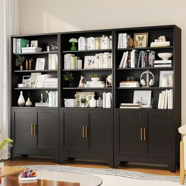 Alt view image 2 of 7 - Metal Bookcase with Doors, 71" Tall 6 Tier Bookshelf with Storage, Floor Industrial Bookshelves, Display Storage Shelves for Home Office, Living Room, Bedroom, Black