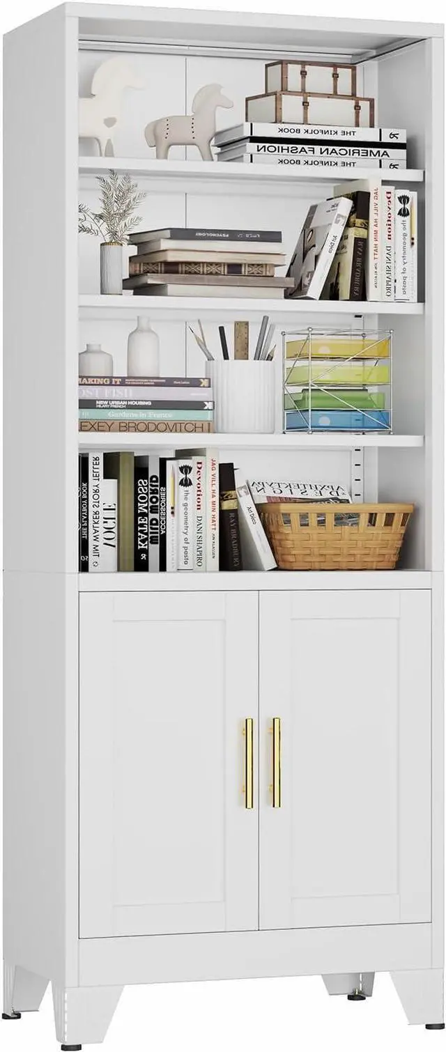 Main image of Metal Bookcase with Doors, White 71" Tall Bookcase with Storage, Floor Industrial Bookshelves and Bookcases 6 Tier Shelf Dispaly Storage Shelves for Home Office, Living Room, Bedroom, White