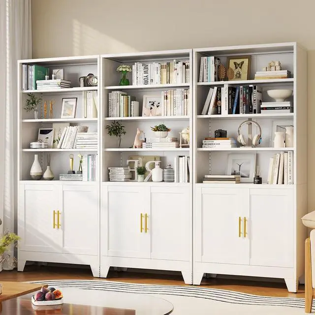 Alt view image 2 of 7 - Metal Bookcase with Doors, White 71" Tall Bookcase with Storage, Floor Industrial Bookshelves and Bookcases 6 Tier Shelf Dispaly Storage Shelves for Home Office, Living Room, Bedroom, White