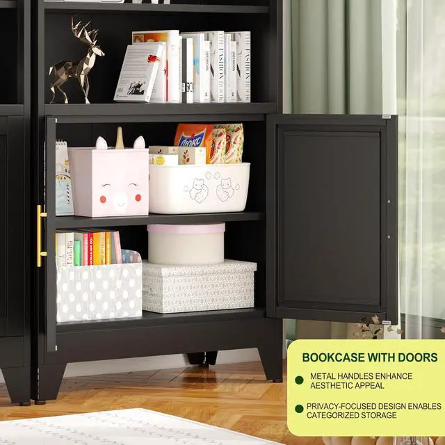 Alt view image 4 of 7 - Metal Bookcase with Doors, 71" Tall 6 Tier Bookshelf with Storage, Floor Industrial Bookshelves, Display Storage Shelves for Home Office, Living Room, Bedroom, Black