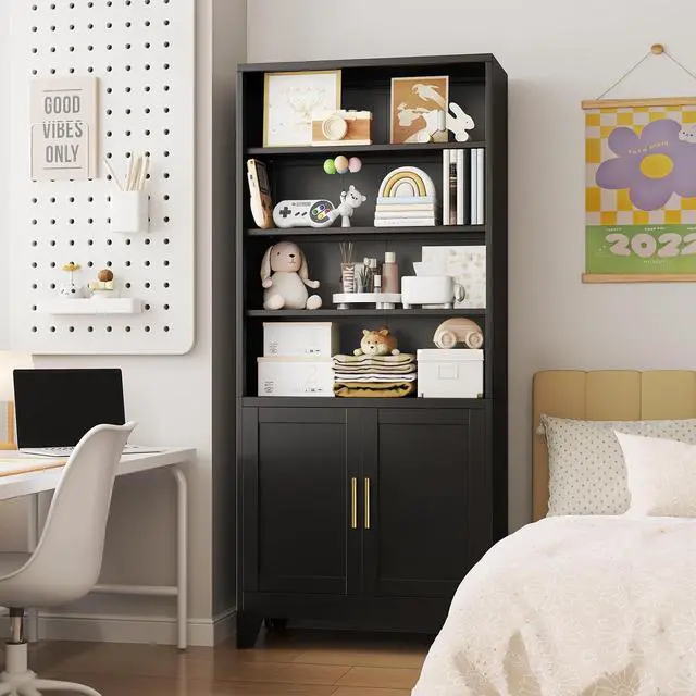 Alt view image 7 of 7 - Metal Bookcase with Doors, 71" Tall 6 Tier Bookshelf with Storage, Floor Industrial Bookshelves, Display Storage Shelves for Home Office, Living Room, Bedroom, Black