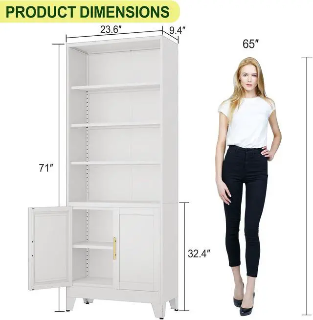 Alt view image 3 of 7 - Metal Bookcase with Doors, White 71" Tall Bookcase with Storage, Floor Industrial Bookshelves and Bookcases 6 Tier Shelf Dispaly Storage Shelves for Home Office, Living Room, Bedroom, White