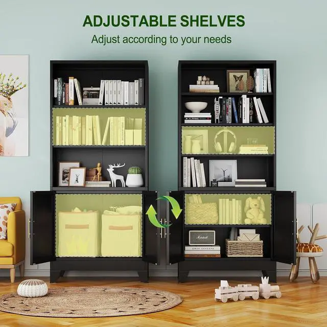 Alt view image 5 of 7 - Metal Bookcase with Doors, 71" Tall 6 Tier Bookshelf with Storage, Floor Industrial Bookshelves, Display Storage Shelves for Home Office, Living Room, Bedroom, Black