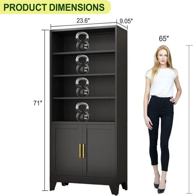 Alt view image 3 of 7 - Metal Bookcase with Doors, 71" Tall 6 Tier Bookshelf with Storage, Floor Industrial Bookshelves, Display Storage Shelves for Home Office, Living Room, Bedroom, Black