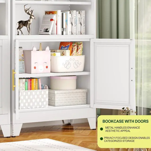 Alt view image 4 of 7 - Metal Bookcase with Doors, White 71" Tall Bookcase with Storage, Floor Industrial Bookshelves and Bookcases 6 Tier Shelf Dispaly Storage Shelves for Home Office, Living Room, Bedroom, White