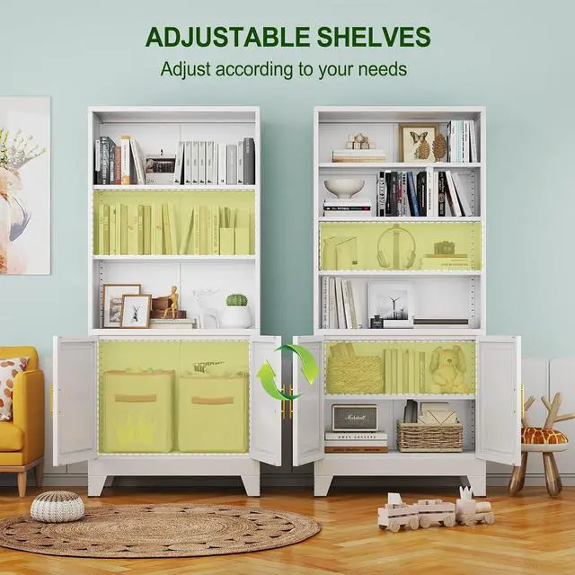 Alt view image 6 of 7 - Metal Bookcase with Doors, White 71" Tall Bookcase with Storage, Floor Industrial Bookshelves and Bookcases 6 Tier Shelf Dispaly Storage Shelves for Home Office, Living Room, Bedroom, White