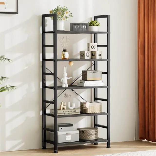 Main image of Book Shelf 5 Tier Modern Bookcase Sturdy Metal Storage Organizer Books/CDs/Magazines Industrial Open Display Shelf for Bedroom Home Office Kitchen Living Room
