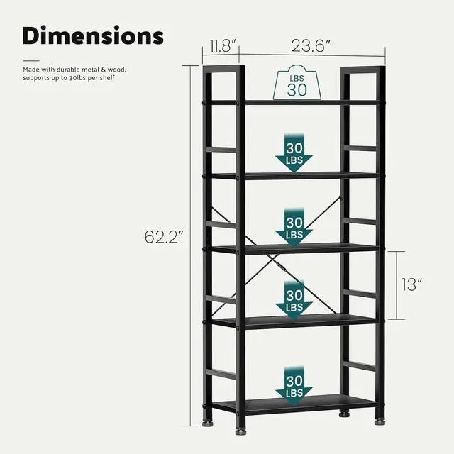 Alt view image 2 of 7 - Book Shelf 5 Tier Modern Bookcase Sturdy Metal Storage Organizer Books/CDs/Magazines Industrial Open Display Shelf for Bedroom Home Office Kitchen Living Room