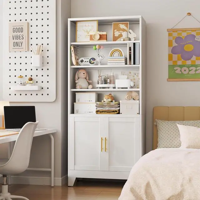 Alt view image 7 of 7 - Metal Bookcase with Doors, White 71" Tall Bookcase with Storage, Floor Industrial Bookshelves and Bookcases 6 Tier Shelf Dispaly Storage Shelves for Home Office, Living Room, Bedroom, White