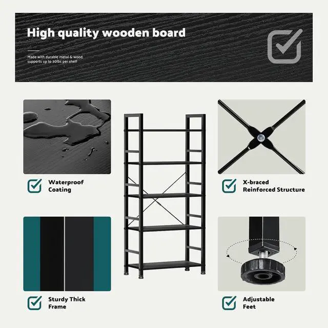 Alt view image 5 of 7 - Book Shelf 5 Tier Modern Bookcase Sturdy Metal Storage Organizer Books/CDs/Magazines Industrial Open Display Shelf for Bedroom Home Office Kitchen Living Room