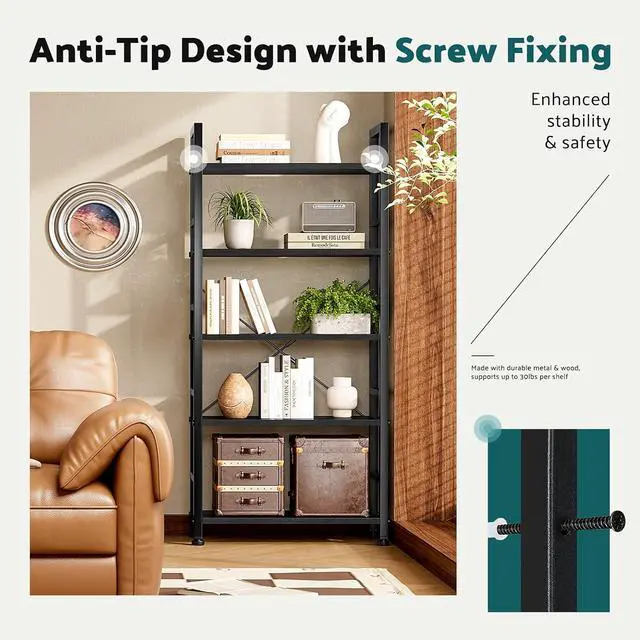 Alt view image 7 of 7 - Book Shelf 5 Tier Modern Bookcase Sturdy Metal Storage Organizer Books/CDs/Magazines Industrial Open Display Shelf for Bedroom Home Office Kitchen Living Room