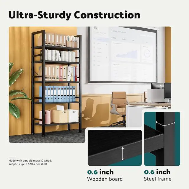 Alt view image 6 of 7 - Book Shelf 5 Tier Modern Bookcase Sturdy Metal Storage Organizer Books/CDs/Magazines Industrial Open Display Shelf for Bedroom Home Office Kitchen Living Room