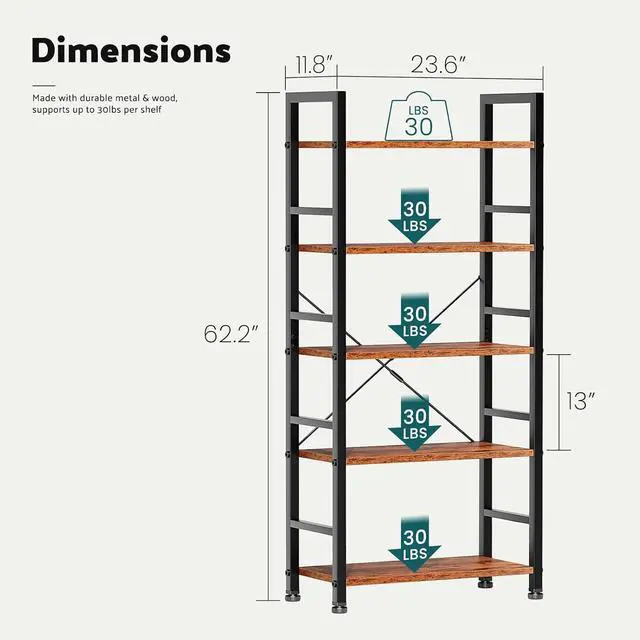 Alt view image 2 of 7 - Book Shelf 5 Tier Modern Bookcase Sturdy Metal Storage Organizer Books/CDs/Magazines Industrial Open Display Shelf for Bedroom Home Office Kitchen Living Room, Rustic